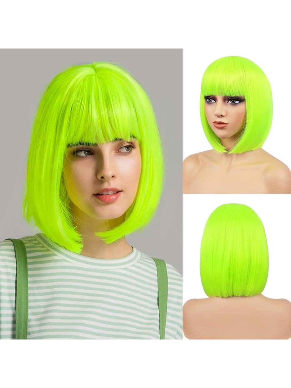 Women Neon Green Heat Resistant Synthetic Bob Party Neon Wig Bangs 12 Inch